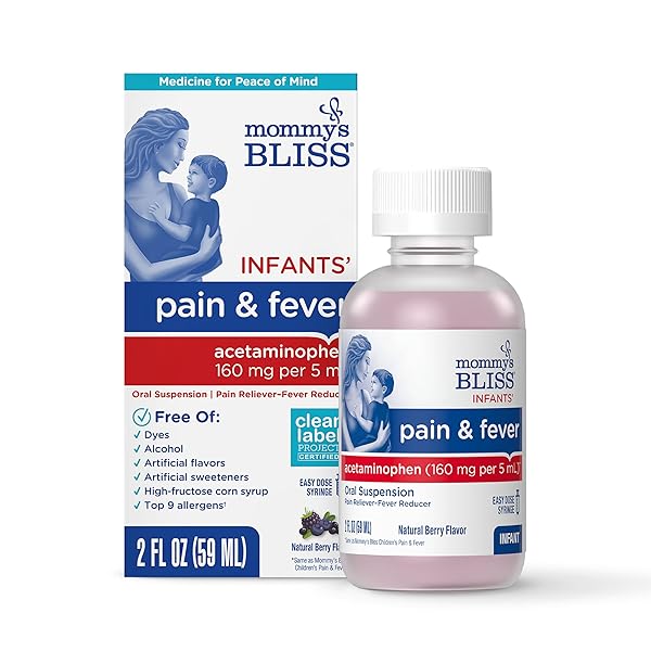 MOMMY’S BLISS INFANTS’ PAIN AND FEVER REDUCER, BABY ACETAMINOPHEN, DYE FREE, DELICIOUS MIXED BERRY FLAVOR, AGES 2+, 2 FLUID OUNCES