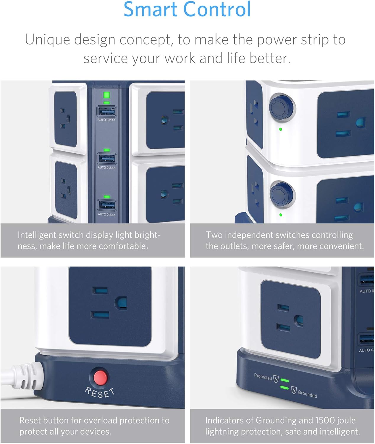 USB Power Strip with Wireless Charger BESTEK 8-Outlet Surge Protector and 40W 6-Port USB Charging Dock Station,1500 Joules,ETL Listed,Dorm Room Accessories: Electronics