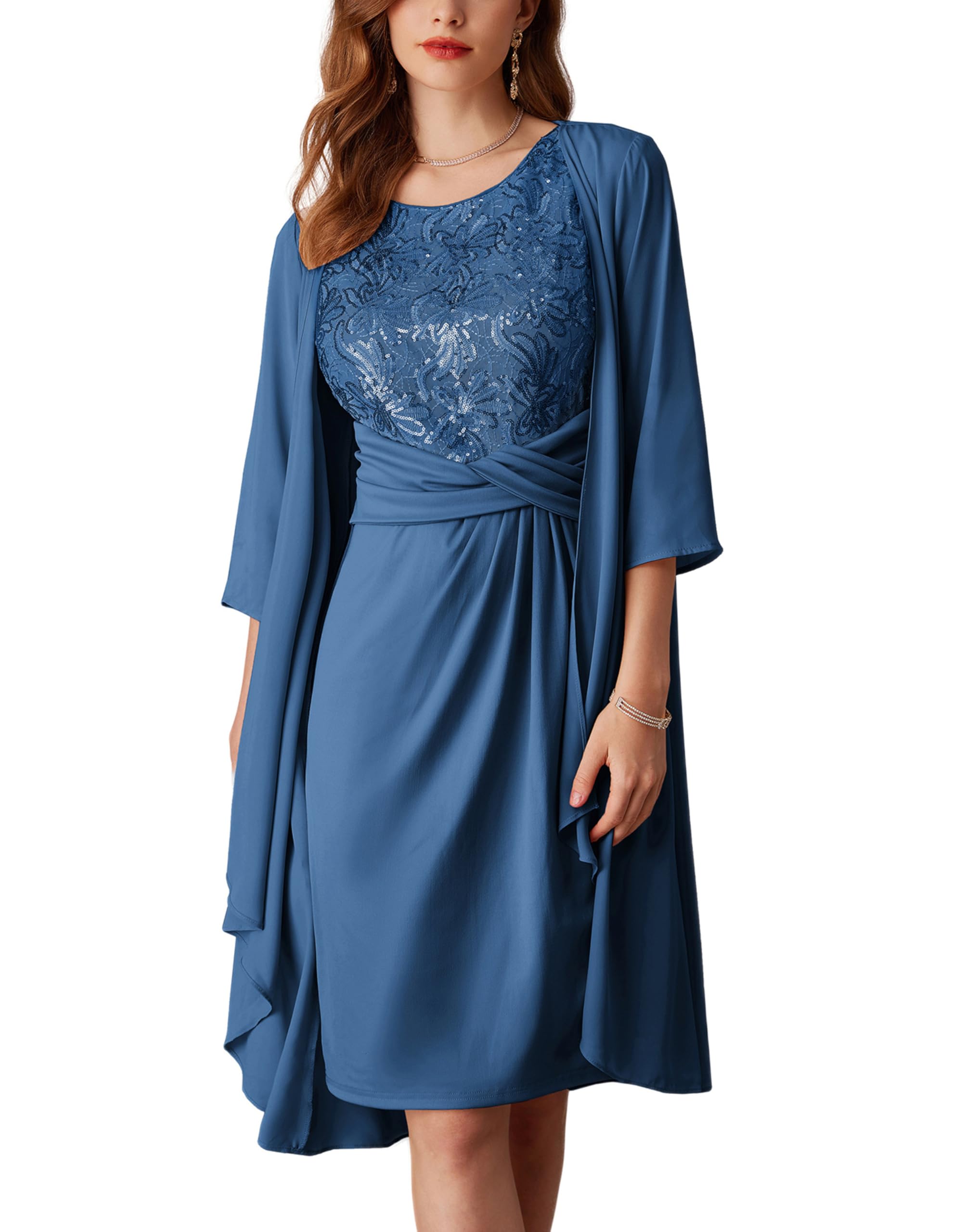 Photo 1 of **MISSING JACKET**Women's Sequin Dress 3/4 Sleeve Mother of The Bride Dress with Jacket Formal Dresses Blue SIZE 18