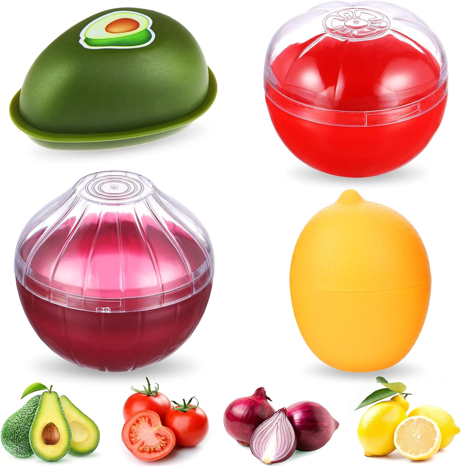 4 Pieces Food Savers Fruit Vegetable Shaped Food Savers Storage Box Onion Tomato Lemon Avocado Keeper/Saver/Holder Reusable Plastic Refrigerator Box Fresh Storage Bowls for Food Stays Fresh Longer