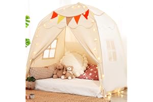 Toddlers Twin Bed Tent Canopy: with Lights and Flags for Girls and Boys House Gifts - Monobeach Large Kids Play Tent Indoor Princess Toys - Portable and Foldable Children Playhouse Outdoor