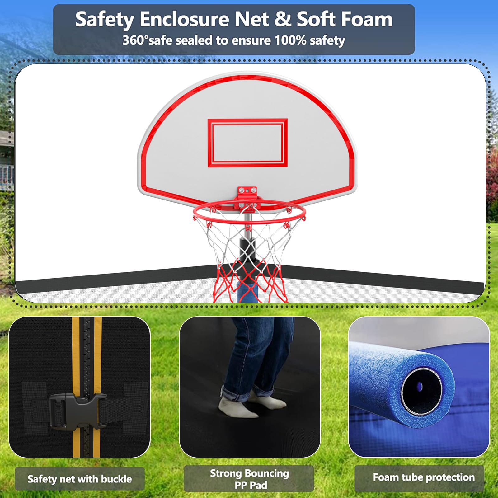 Lyromix Upgraded 16FT 15FT 14FT 12FT 10FT 8FT Trampoline Outdoor with Basketball Hoop and Net, Capacity for 4-6 Kids and Adults