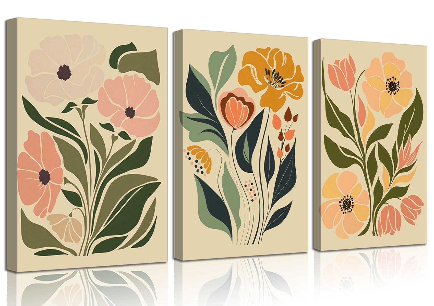 Photo 1 of 3Pcs Framed Boho Floral Canvas Wall Art Pictures Abstract Flower Market Posters Prints Botanical Painting Wall Decor for Living Room Bedroom Home Office 16x24in