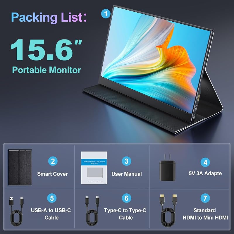 Monitor Portatil, 15.6" Pantalla Ordenador 1080P, IPS, 100% SRGB