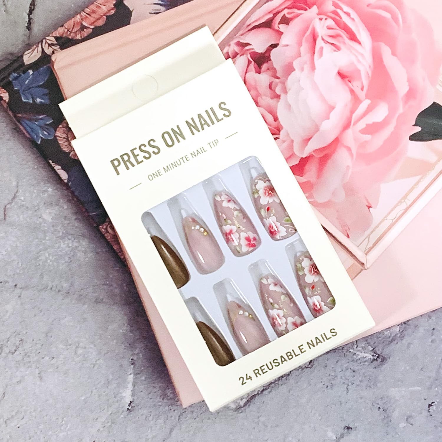 Press on Nails Medium Almond Shape-Glossy Full Cover Acrylic Pointed Rhinestone False Nails with Pink Floral Designs Artificial Fake Nails with Charms Glue ons Nails Stick on Fingernails for Women - Image 6