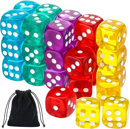 Amazon.com: Juego de 30 dados de juego de 6 lados de 0.551 in, juego de dados poliédricos translúcidos con bolsa negra para juegos de mesa y enseñanza, 5 colores: Toys \u0026 Games