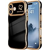 LCHULLE for iPhone 16 Plus Case for Women Girls, Cute Wave Frame Curly Shape with Love Heart Pattern Raised Camera Protection Cover Luxury Plating Shockproof Phone Case for iPhone 16 Plus, Black