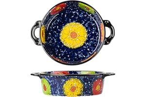 Bicuzat Vintage Style Pottery Bakeware Colorful Daisy Pattern Ceramic Casserole Dish Baking Pan Lasagna Pans Baking Dish with Handles from Oven to Table Plate-1 PCS, 32 OZ