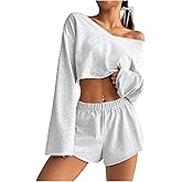 SOLY HUX Women's Sweatsuits 2 Piece Lounge Set Off The Shoulder Long Sleeve Crop Top and Shorts Outfits