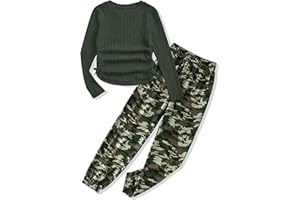 Glaoly Girls' Clothing Sets Ribbed Knit Crewneck T-Shirt & Camo Print Elastic Waist Pants Girls Clothes Size 6-16Y