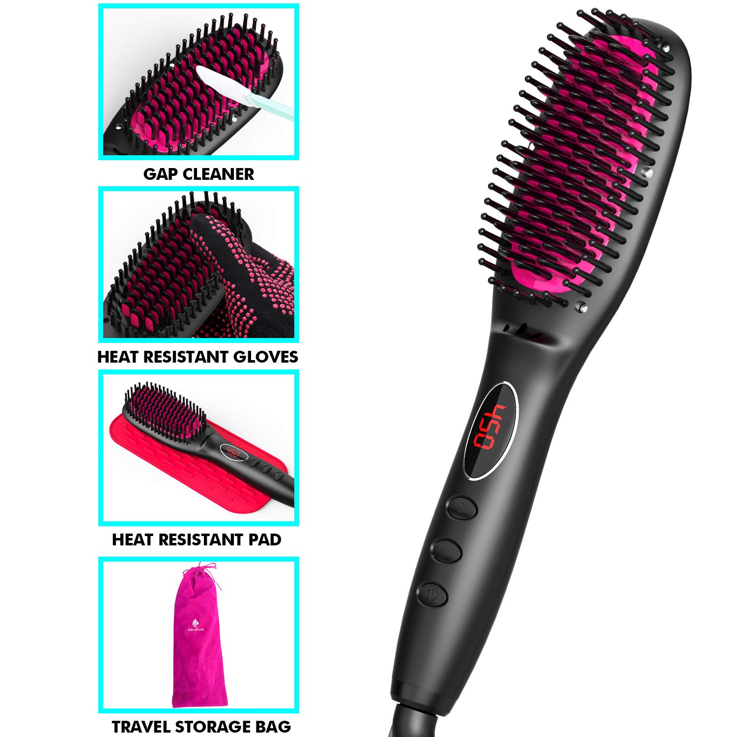 Hair Straightener Brush with Ionic Generator by MiroPure, 30s Fast MCH Ceramic Even Heating, 11 Temperature Control, Professional for Straightening or Curling (Black) : Beauty