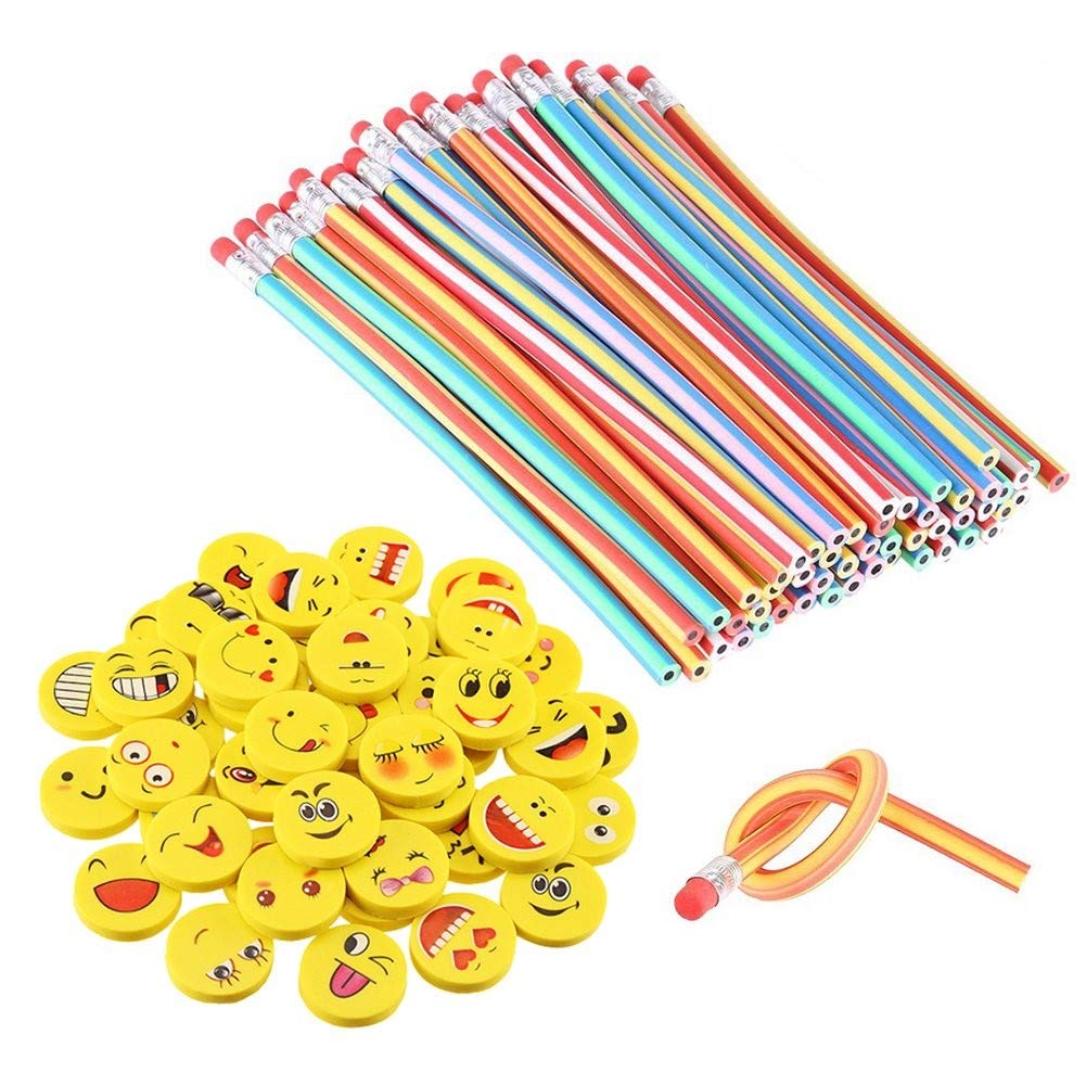 LATERN 80 Pcs Kids Party Bag Filler Set, 40Pcs Soft Flexible Bendy Pencils, 40Pcs Emoji Smile Erasers, Magic Bend Toys Party Favor Supplies for Family School Class