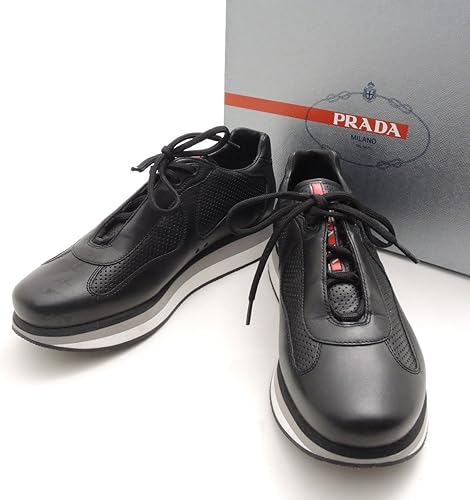 Amazon プラダ Prada シューズプラダスポーツ パンチングレザースニーカー 8 1 2 約27 5cm レザー ブラック レッド 8 1 2 Us9 5 メンズ 4e2352 中古 Prada プラダ スニーカー