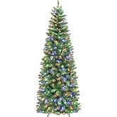 Hykolity 7.5 ft Prelit Pencil Christmas Tree with 792 Branch Tips | 300 Warm White And Multicolor Led Lights, 10 Lighting Modes, Foot Pedal, Hinged Design and Sturdy Metal Stand