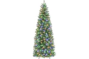 Hykolity 7.5 ft Prelit Artificial Pencil Slim Christmas Tree, Hinged Flocked Christmas Tree with 300 Multicolor LED Lights and Metal Stand, 792 PVC Branch Tips, 10 Color Modes