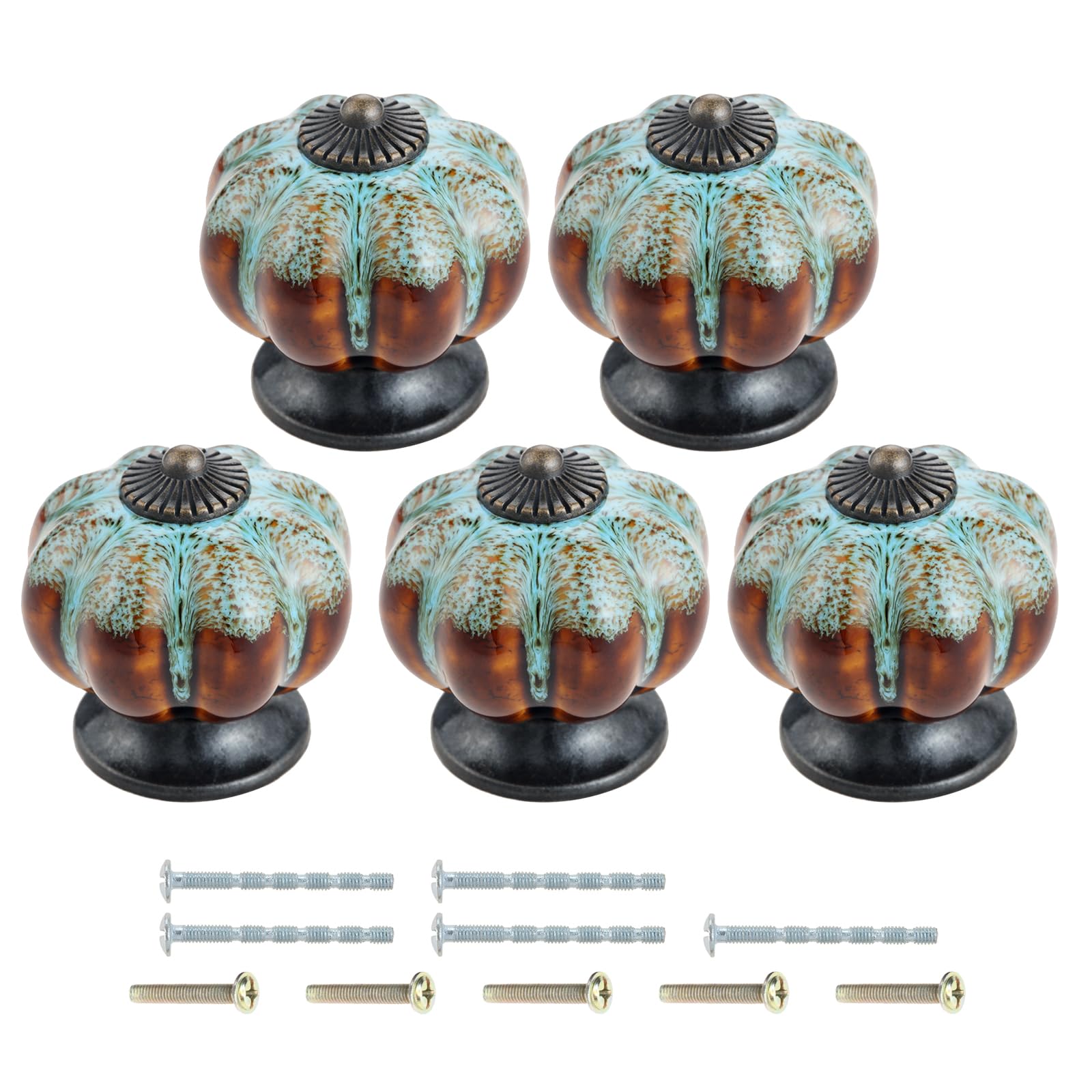 Mgoodoo Ceramic Door Knob Antique Pumpkin for Cabinets Cupboard Dresser Drawers Kitchen Furniture Handles Pulls Leopard Blue-5pcs