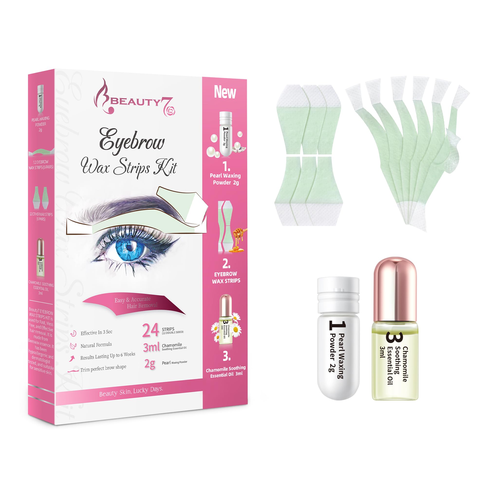 Beauty7 Eyebrow Waxing Strips, Wax Strips for Face, Quick Hair Removal Facial For Women Includes 24 Waxing Strips + 3ml Soothing Oil After Wax, 2g Pearl Powder