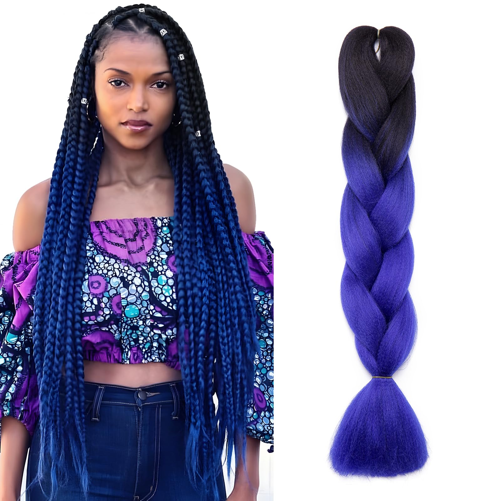 Ombre 4 Tones Braiding Hair Extensions Jumbo Braids Hair Extension Jumbo Braiding for Twist Braiding 24",1 Bundles - Dark Black to Dark Blue