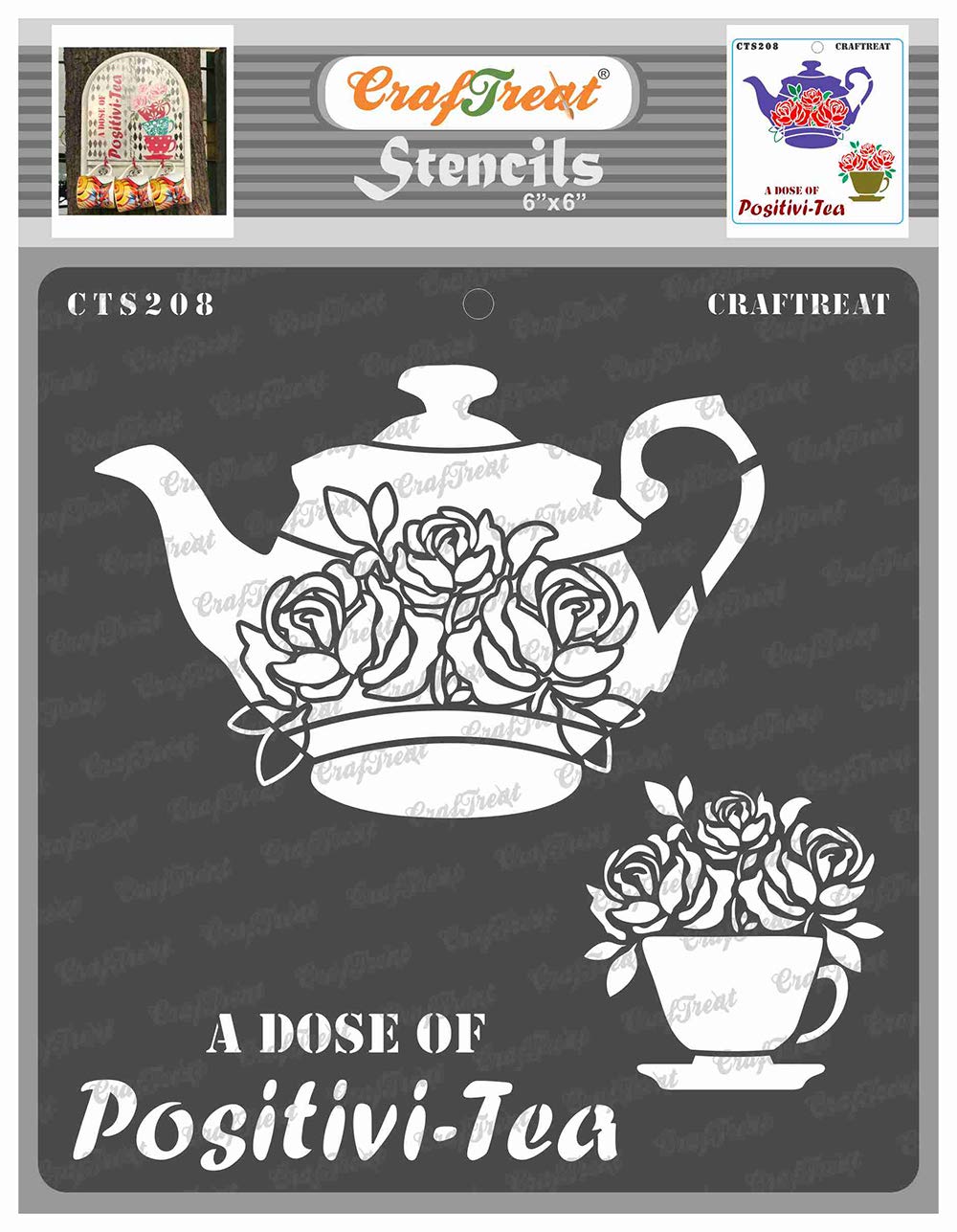 CrafTreat Reusable Teapot Stencils for painting on Wood, Canvas, Paper, Fabric, Floor, Wall and Tile - A Dose Of Positivi-Tea - 6x6 Inch - DIY Art and Craft Stencils - Kitchen Decor Stencil For Coffee