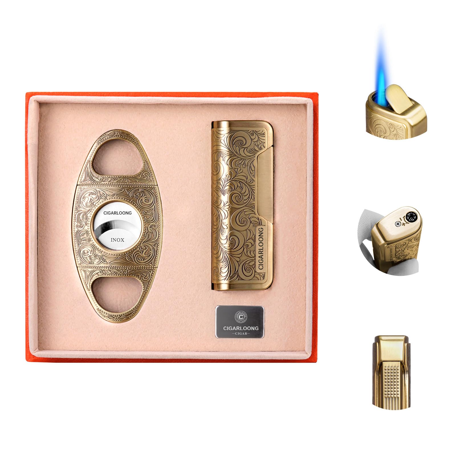 CIGARLOONG Cigar Cutter and Lighter Set Gold Sharpening Blade Engraved Cigar Guillotine and Retro Carved Lighter