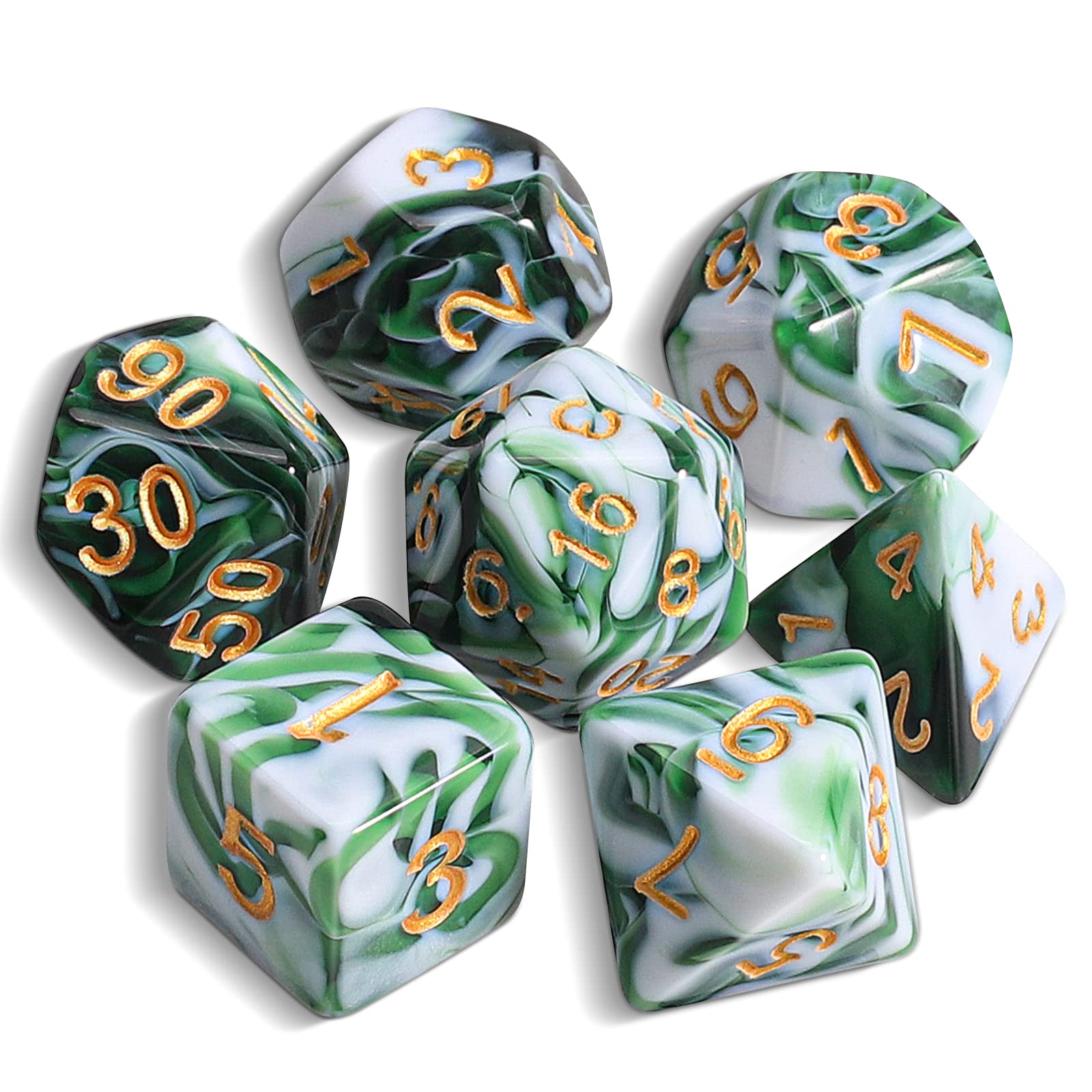 QMAY DND Dice Polyhedral Dice Set - 7 Pieces for Dungeon and Dragons MTG RPG D&D D20, D12, D10, D%, D8, D6, D4 (Green Mixed White)