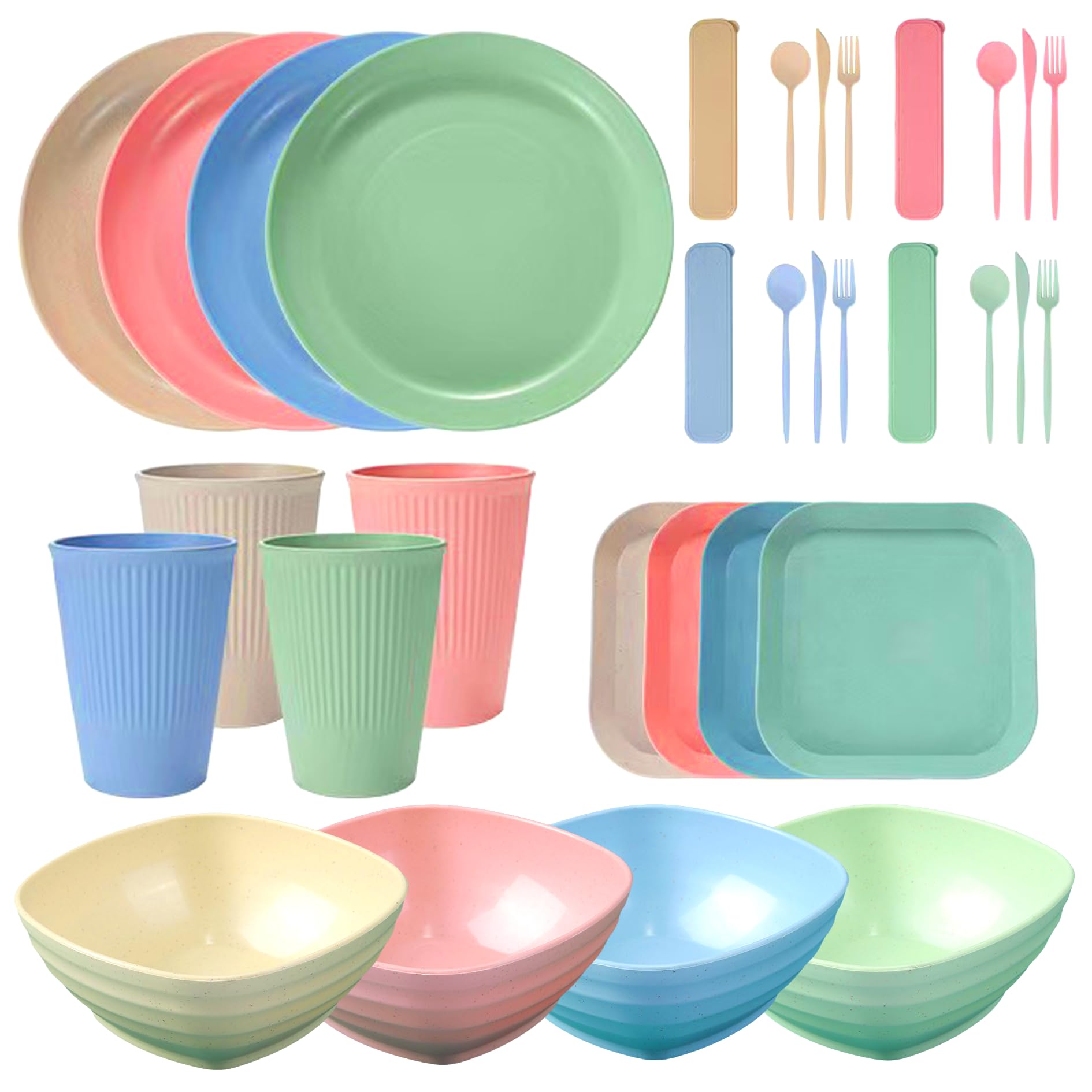 Hylruu Camping Cutlery Set for 4 People, Unbreakable and Lightweight Plastic Dinner Plates and Bowls, Picnic Tableware Set for BBQ Camping Light