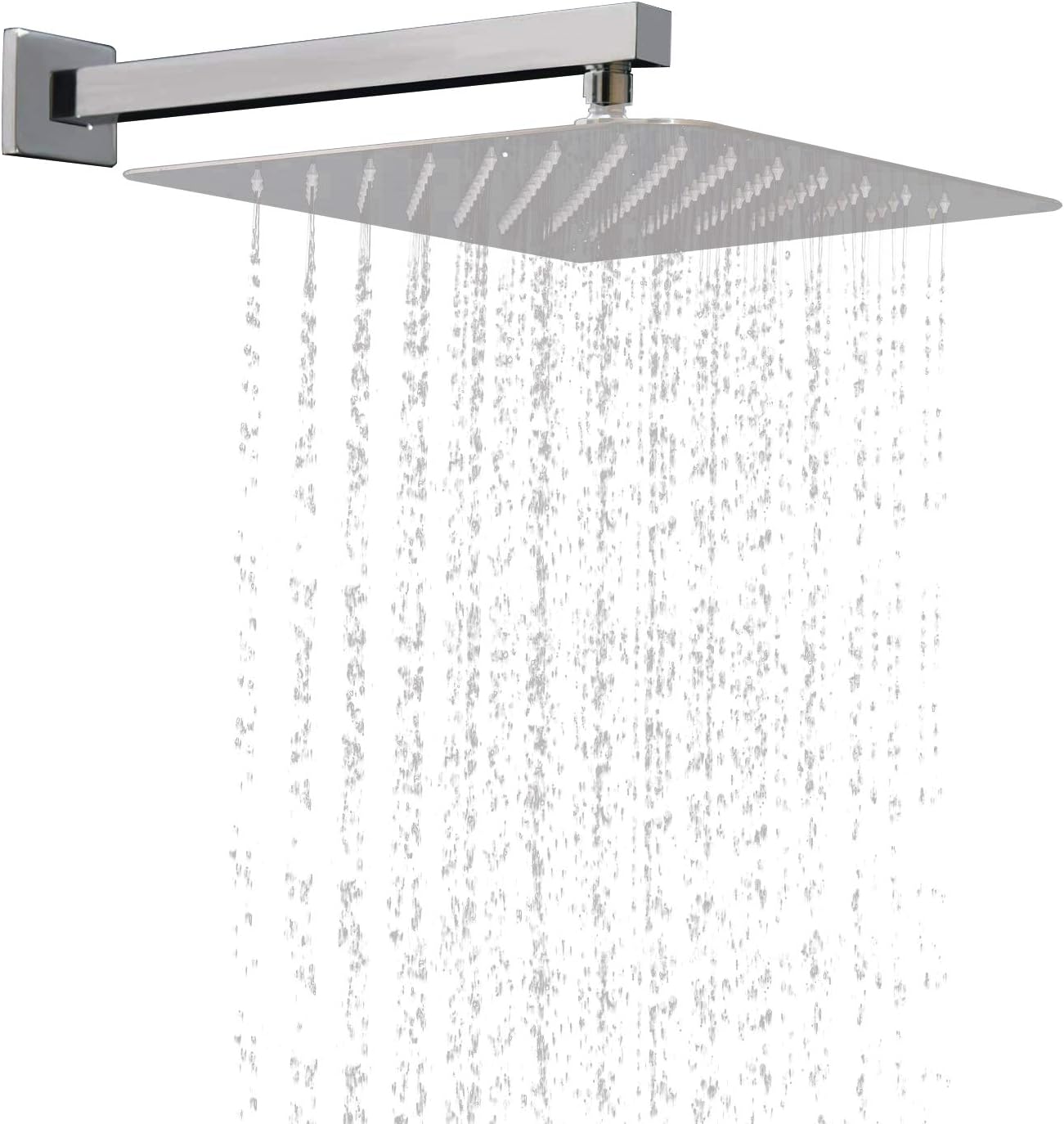 Shower Head Arm 12 Inch Rainfall Shower Head with Shower Arm Fixed Shower Head 304 Stainless Steel Rain Showers Overhead Wall Mounted, Chrome