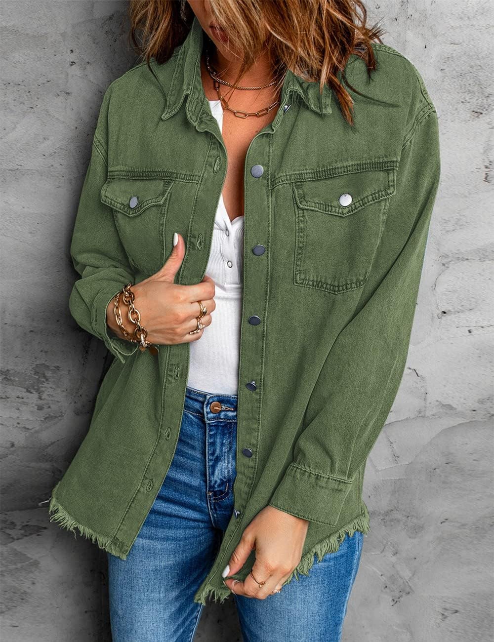 Vetinee Women’s Oversized Button Up Frayed Hem Shacket Long Sleeve Pockets Denim Jean Jacket