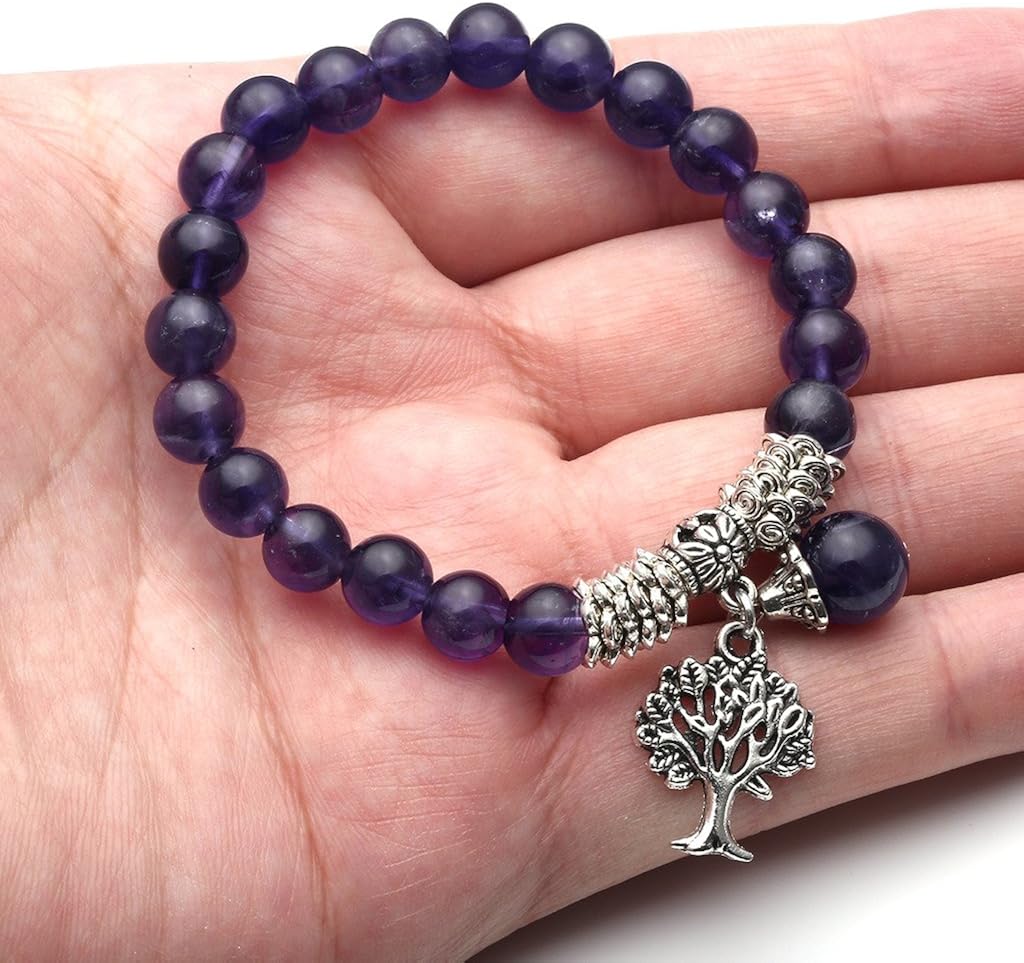 Jovivi 8MM Purple Amethyst Natural Gemstone Healing Point Tree of Life Lucky Charm Stretch Bracelet: Jewelry