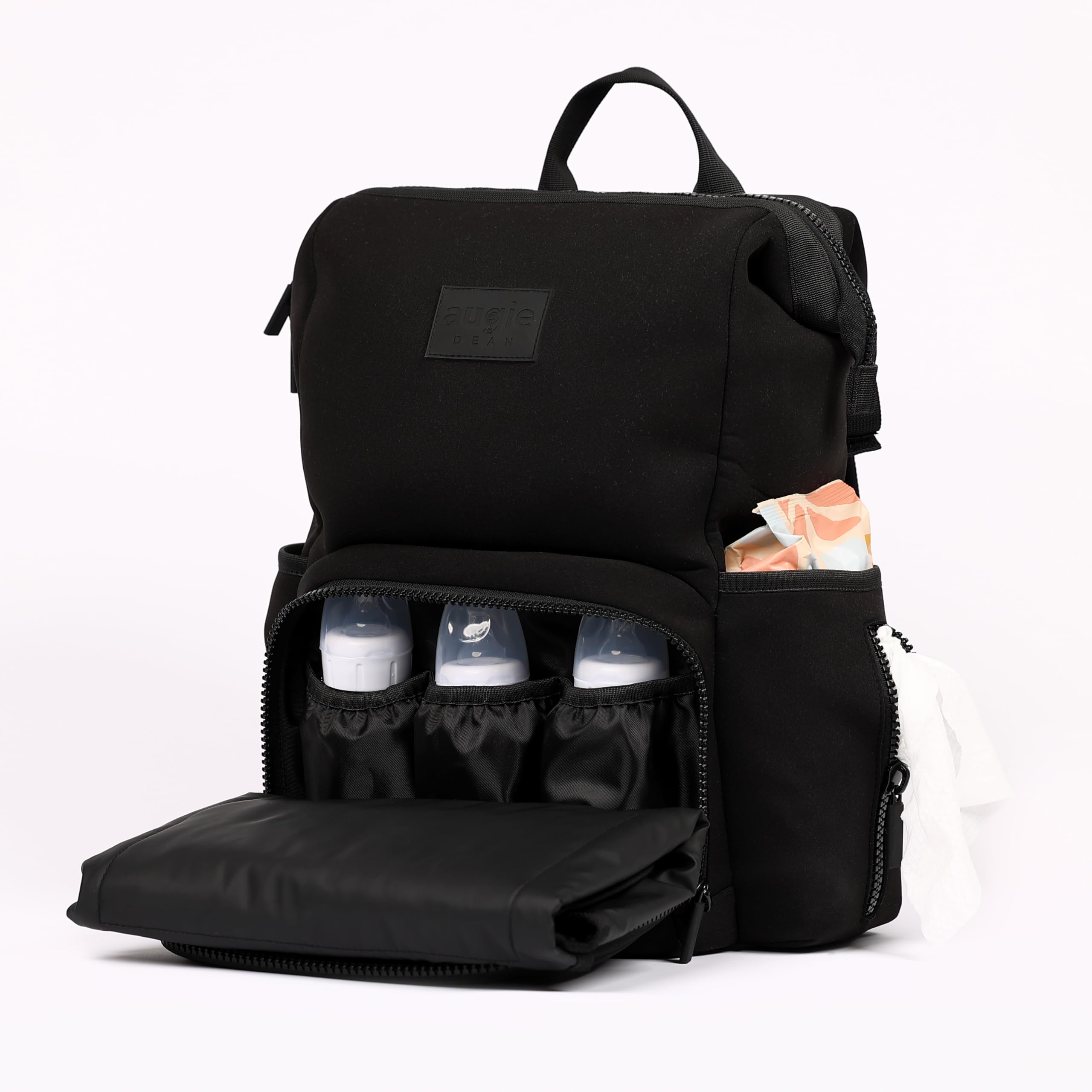 Augie Dean Neoprene Diaper Bag Backpack with Front Fold Changing Station- Multifunctional Diaper Bag with 2 Stroller Straps- Versatile Storage- Stylish for Mom & Dad
