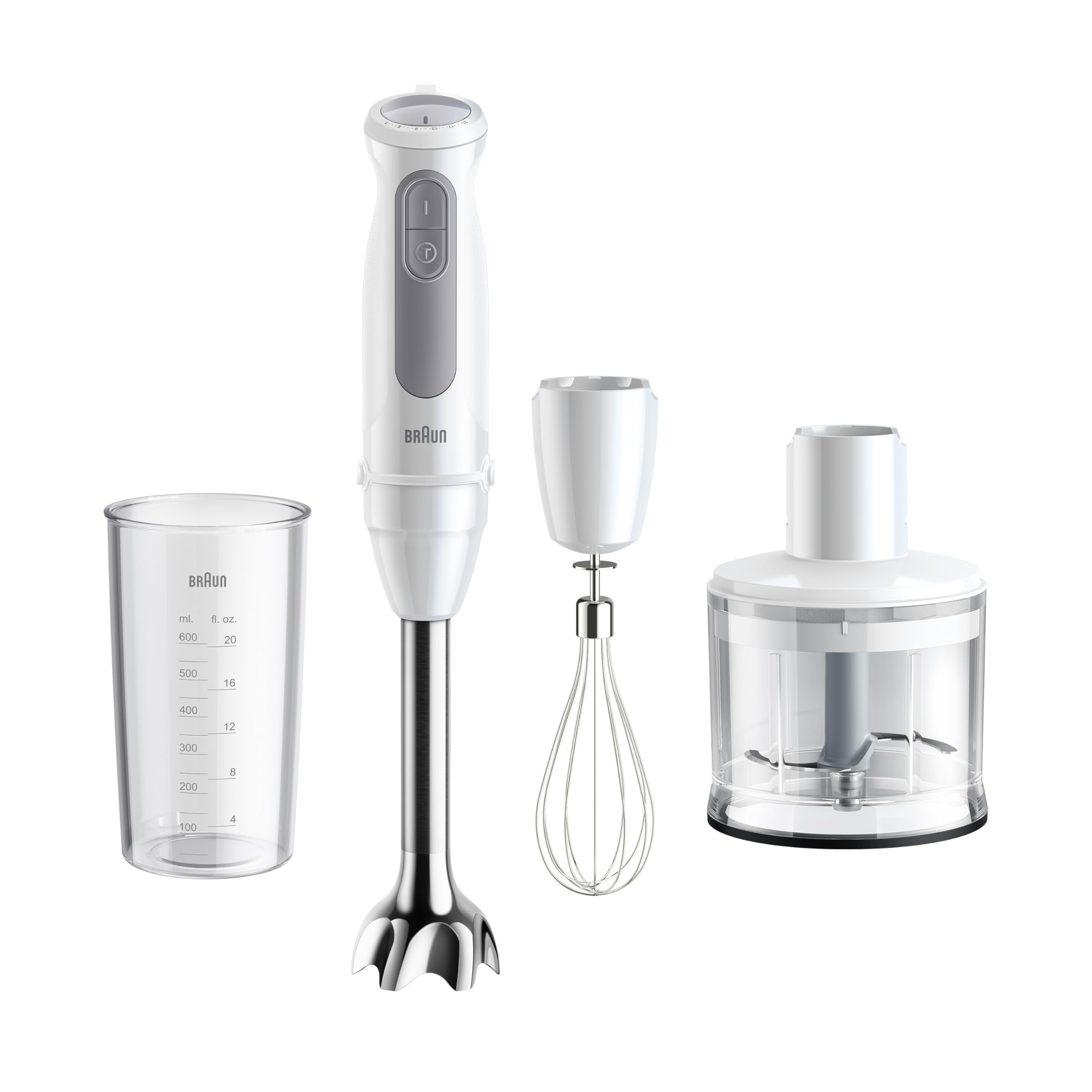 Braun Stabmixer MultiQuick 5 MQ 50236 M - Elektrischer Stabmixer mit 21 Geschwindigkeitsstufen + Turbo, Edelstahl Pürierfuß, Easy Click System, SplashControl, 3-teiliges Zubehör-Set, 1000 Watt, Weiß