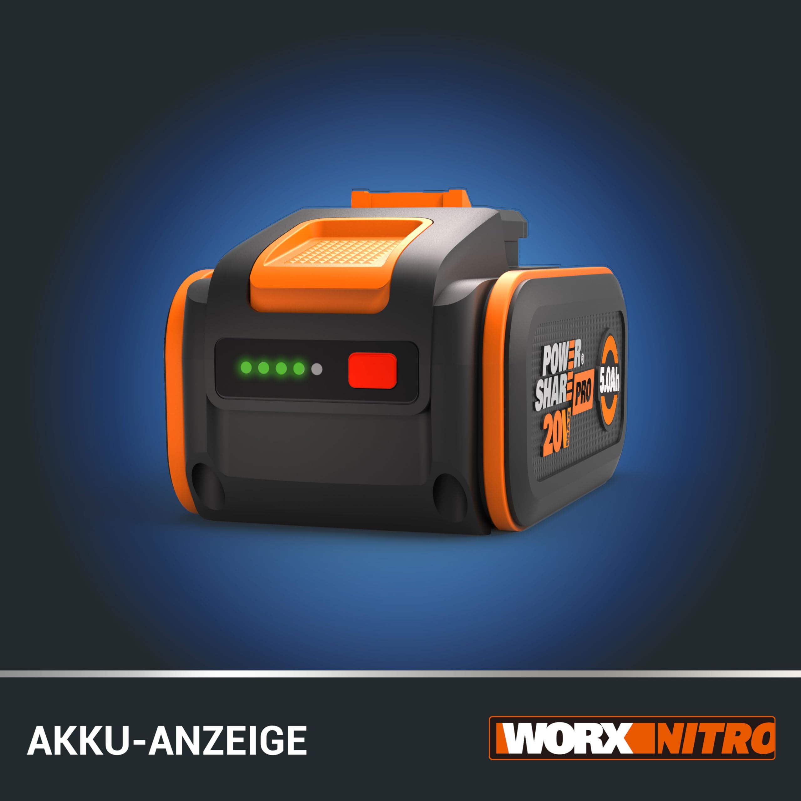 WORX WA3645 Original PowerShare Pro Akku 20V - 5,0 Ah Li-Ion, wiederaufladbar - mehr Sicherheit & längere Laufzeit - mit LED-Anzeige - Innovative Heatshield-Technologie - passend für alle WORX Geräte 3