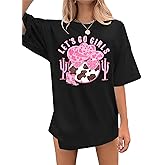 Oversized Western Cowgirl Shirts for Women Let's Go Girls Shirt Country Music Tee Hat Boots Short Sleeve Tops