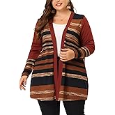 Agnes Orinda Plus Size Cardigan for Women Open Front Long Sleeve 2023 Striped Boho Sweater Cardigans