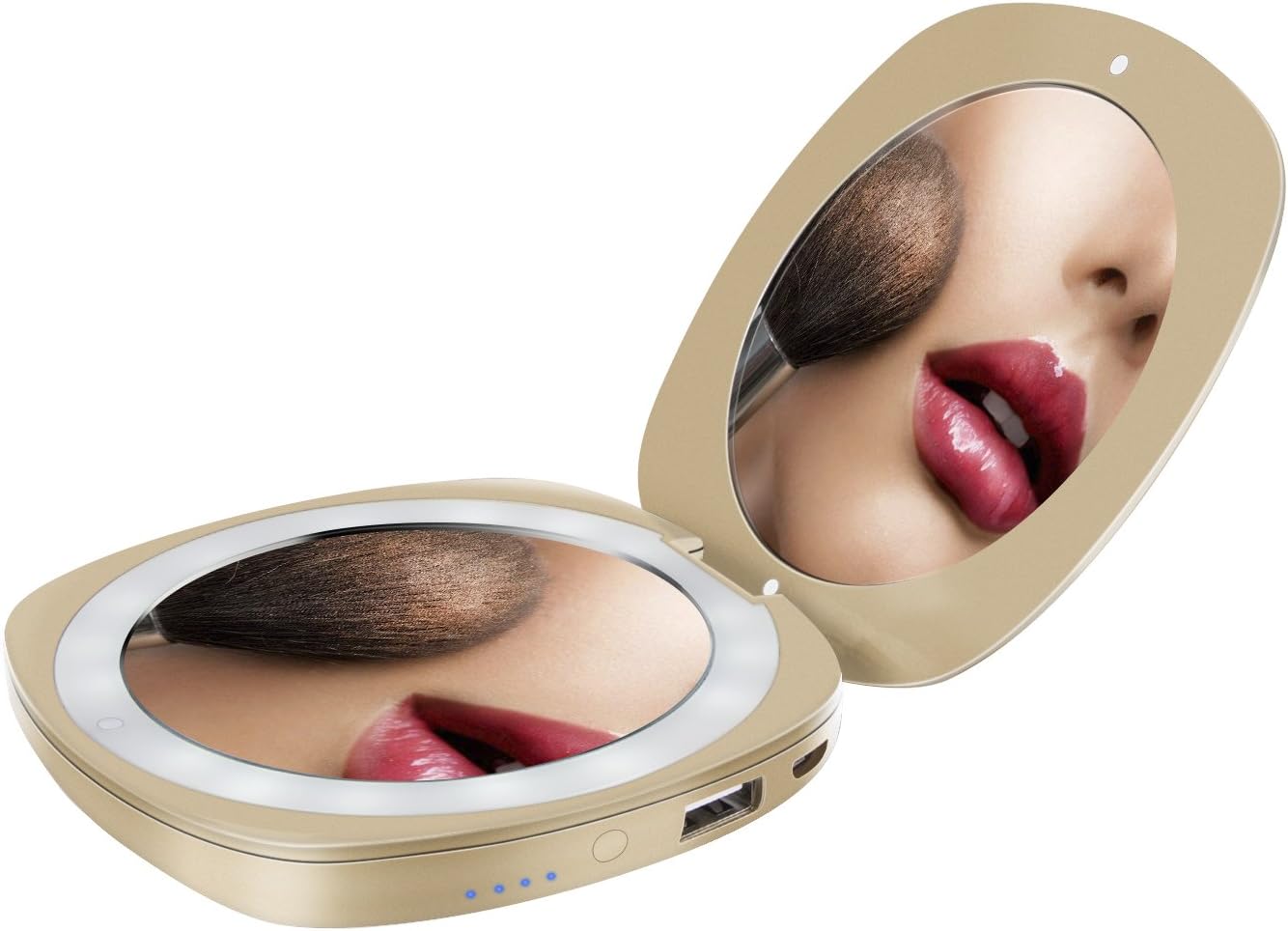 Compact Mirror Portable Charger 2.1A USB Port Vanity Makeup Mirror 1x / 3X Magnified (Gold-Square)