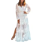 MERMAID'S CLOSET Women's V Neck Floral Lace Maxi Wedding Dress Long Sleeve Flowy Formal Party Dress Fall Spring