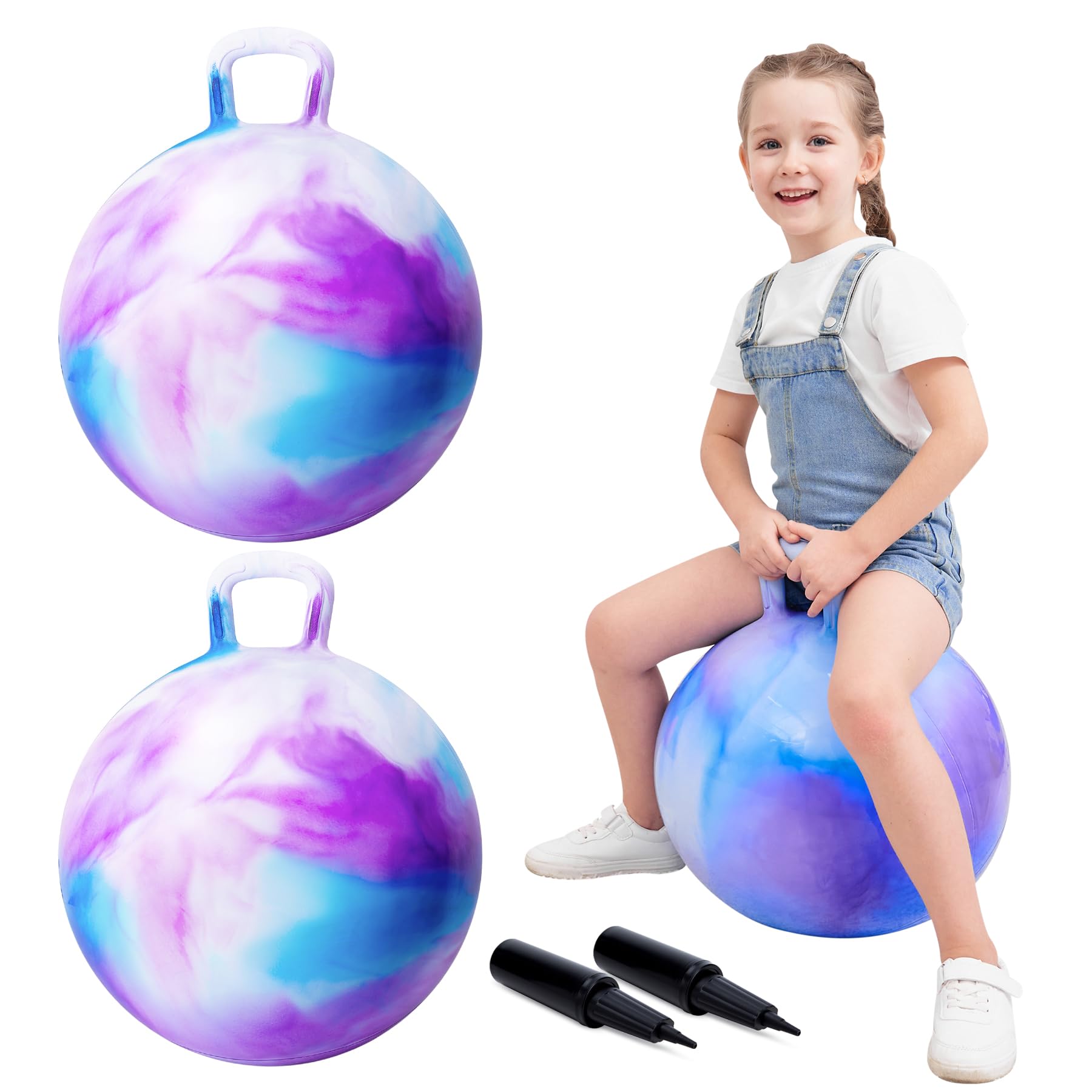 INPODAK 2 Pack Space Hopper 18inch Space Hoppers for Kids Age 3-6 Anti-slip Jumping Ball with Handle Inflatable Hopper Ball With Pump Hopping toy for Boy Girls Indoor Outdoor garden Game