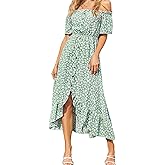 CUPSHE Dress for Women Maxi Dresses Off Shoulder Ditsy Floral Print Short Sleeve Frill A Line Dress
