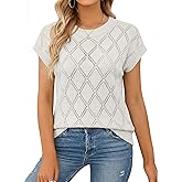 SHEWIN Womens Tops Crewneck Cable Knit Short Sleeve Sweater Loose Lightweight Blouses Dressy Casual Pullover Sweaters Top