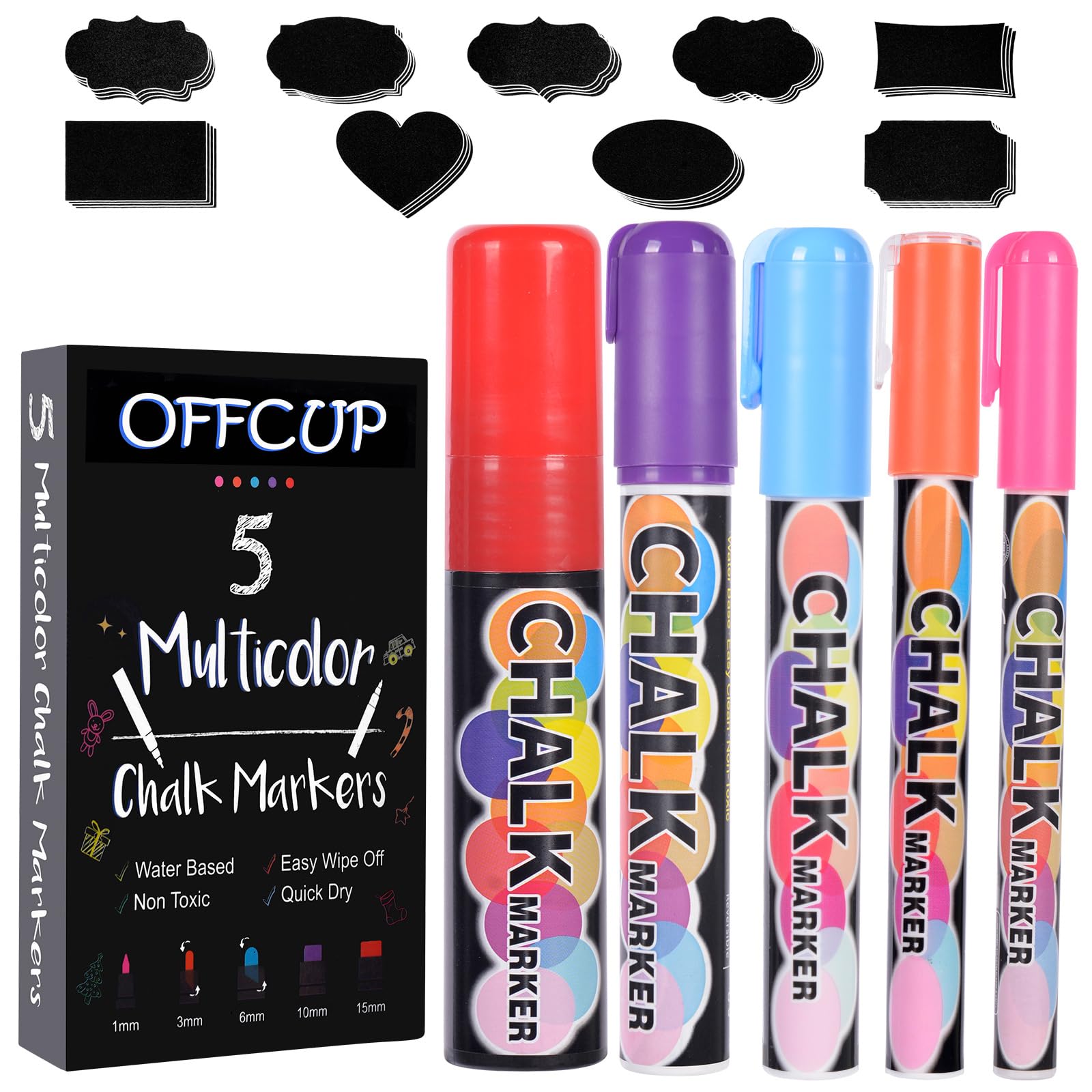 OFFCUP Muticolour Liquid Chalk Marker, 5 x Erasable Chalk Markers, 1/3/6/10/15 mm Tip with 58 Labels for Chalkboard Windows, Glass, Bistro, Signs