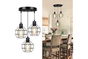 FadimiKoo Farmhouse 3-Light Pendant Light Fixtures, Adjustable Industrial Hanging Pendant Lighting for Kitchen Island, Vintage Black Metal Cage Pendant Ceiling Lamp for Dining Room Bedroom