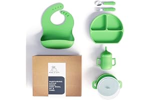 mimi & kiki BPA-Free Silicone Baby Feeding Set, Baby Plates and Bowls Set, Baby Led Weaning Supplies, Silicone Suction Plate, Baby Utensils, Bib and Cup, Self Feeding, Dishwasher Safe (Green)