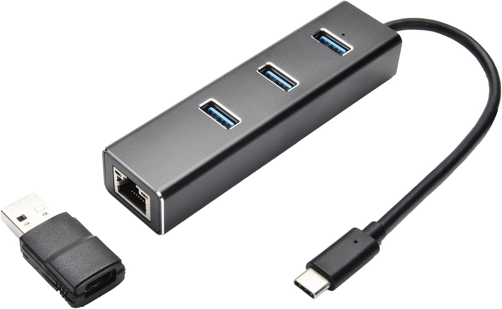 Obuolys 3-Port USB-C to USB 3.0 Aluminum Portable Data Hub, with 10 Mpbs, 100 Mbps, 1000 Mbps, or 1 Gigabit Network Adapter with Ethernet Port, for MacBook Pro 2016, ChromeBook, XPS and More