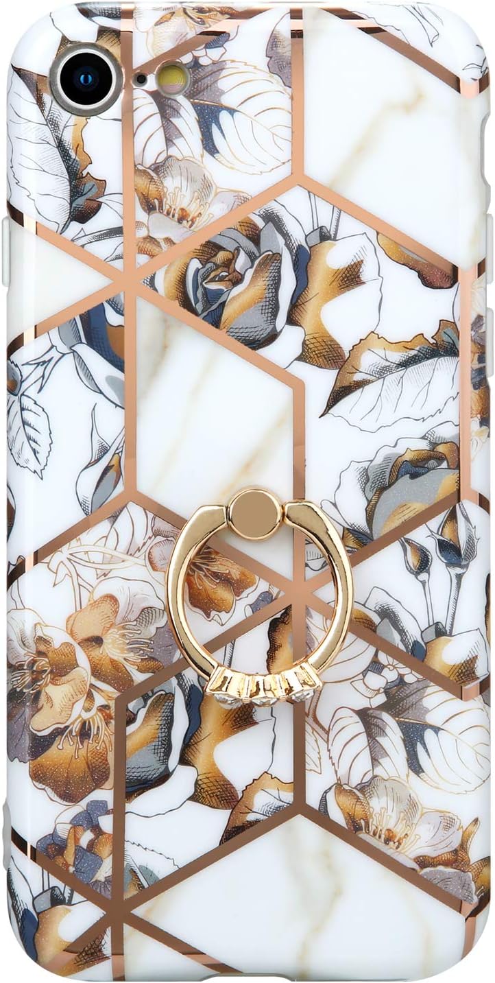iPhone 7 Case iPhone 8 Case iPhone SE Case 2020 for Girls Women,Champagne Flower Marble Design Glossy Shockproof Soft TPU Full Body Protective Case with 360 Degree Rotating Ring for iPhone 7/8/SE 2020