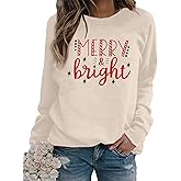 KIMSOONG Christmas Sweatshirts for Women Merry and Bright Santa Print Xmas Sweatshirt Crewneck Pullover Shirts