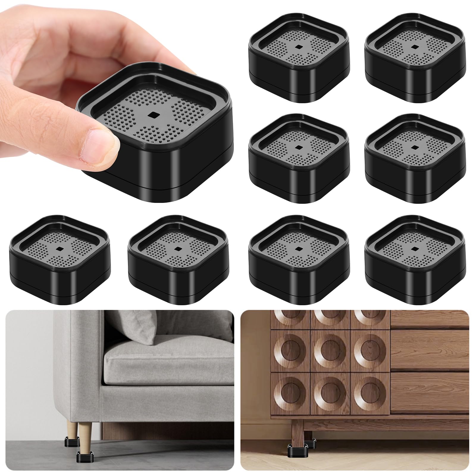 Photo 1 of Hnndlra 8 Pack Furniture Risers Adjustable Bed Risers Heavy Duty Lifts Height 1 or 2 Inch, Square Stackable Bed Risers 1, 2 or 3 Inch for Desk Leg Table Couch Sofa Chair Bed Frame Legs Dorm, Black