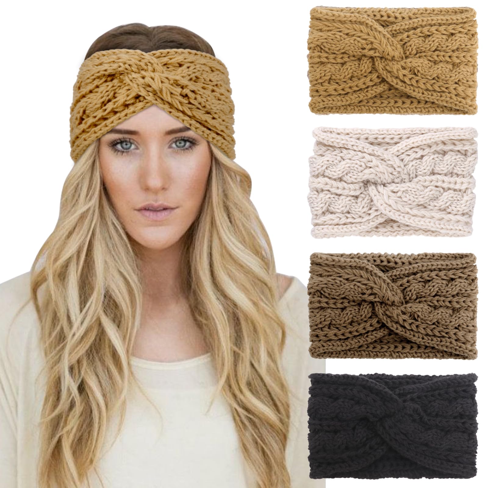 DRESHOW 4 Pack Crochet Knit Wide Turban Headband Warm Bulky Crocheted Head Wrap Headband Ear Warmer for Women