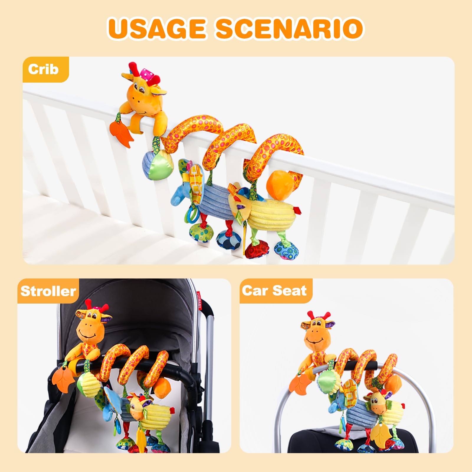 Jollybaby Crib Stroller Car Seat Toys for Baby 0-3-6-9-12 Months, Tummy Time Hanging Sensory Toys for Newborn with Music Box and Teether, Spiral Carseat Toy for Infant Boys Girls Gifts (Giraffe)