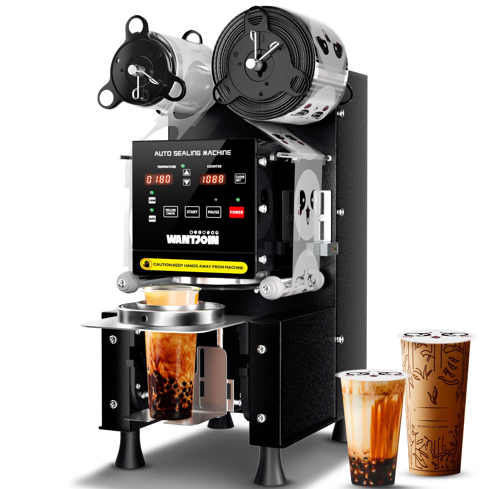 Photo 1 of WantJoin Cup Sealing Machine Full Automatic Cup Sealer Machine 90/95mm Electric Cup Sealing Machine 500-600 Cups/H Digital Control LCD Panel Cup Sealer for Bubble Milk Tea Coffee Black