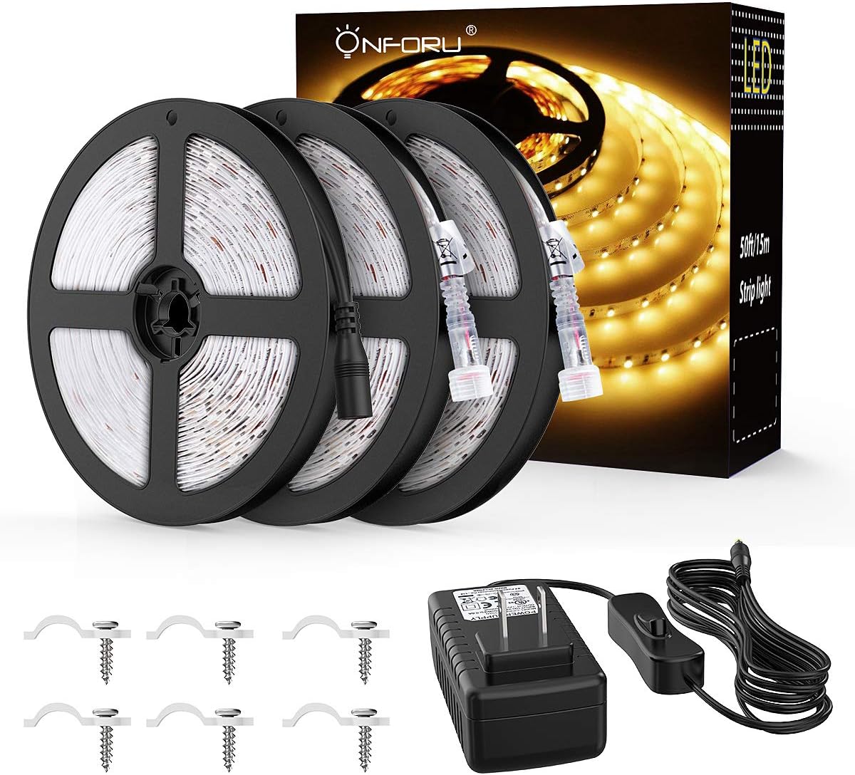 Onforu 50ft Waterproof LED Strip Lights, 3000K Warm White